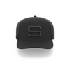 A black cap with a black embroidered Steadyrack logo on the front and side, featuring a mesh back.