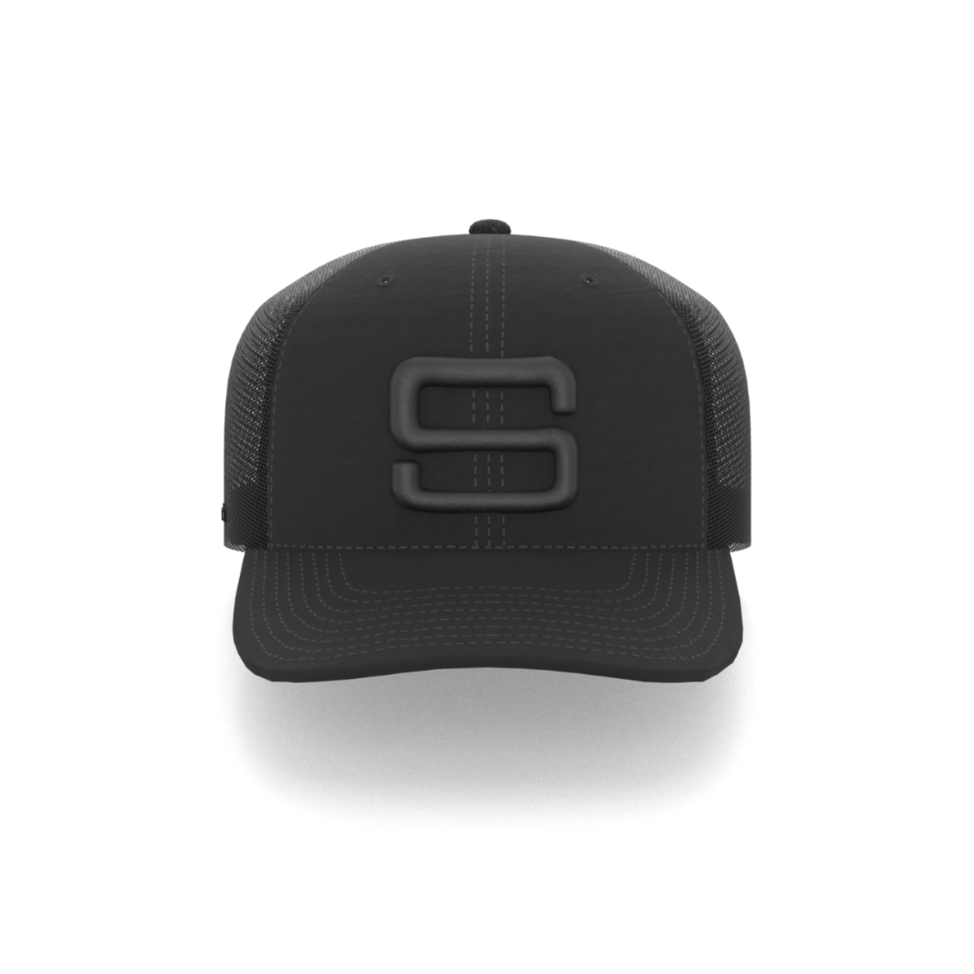 A black cap with a black embroidered Steadyrack logo on the front and side, featuring a mesh back.