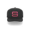 A black cap with a pink embroidered Steadyrack logo on the front and side, featuring a mesh back.