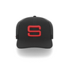 A black cap with a red embroidered Steadyrack logo on the front and side, featuring a mesh back.