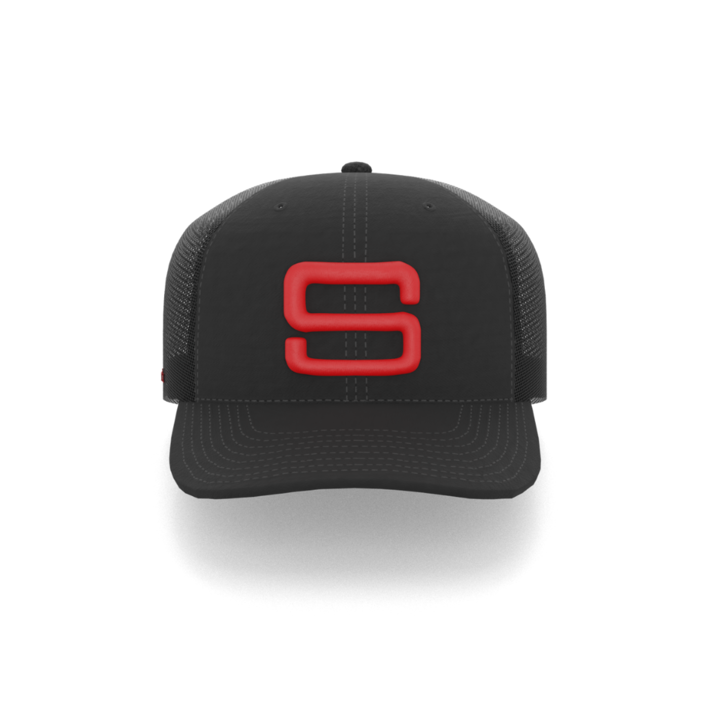 A black cap with a red embroidered Steadyrack logo on the front and side, featuring a mesh back.