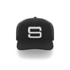 A black cap with a white embroidered Steadyrack logo on the front and side, featuring a mesh back.