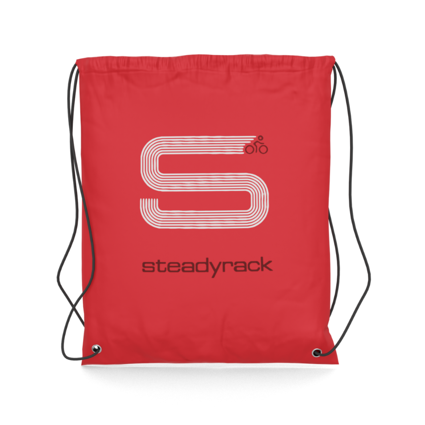 A red drawstring bag with the Steadyrack logo and a graphic of a cyclist on the front.