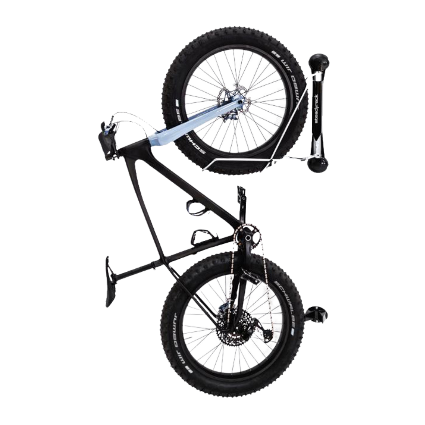 A black Steadyrack Classic Fat Bike Rack with a fat bike mounted on it, showcasing the rack's ability to hold bicycles with wide tyres.