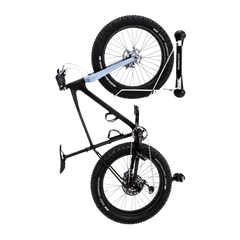 A black Steadyrack Classic Fat Bike Rack with a fat bike mounted on it, showcasing the rack's ability to hold bicycles with wide tyres.