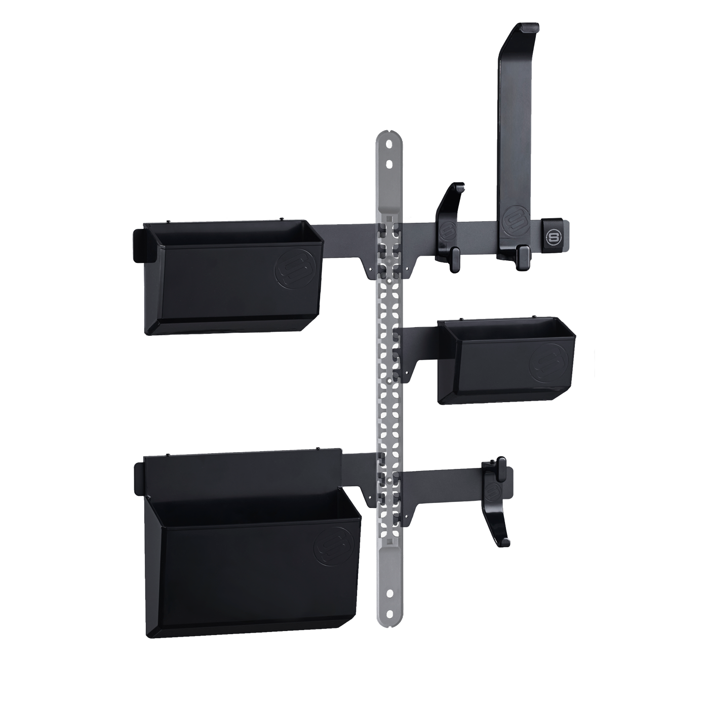 A black GearMate storage organiser system designed for cycling gear, featuring various compartments and hooks.
