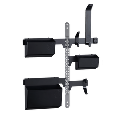 A black GearMate storage organiser system designed for cycling gear, featuring various compartments and hooks.
