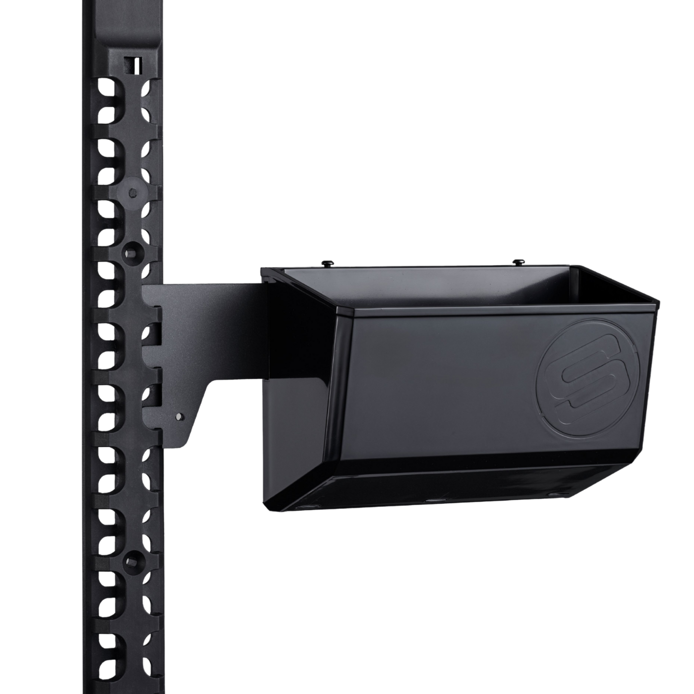 The GearMate Spine with a bracket and bin for accessory storage.