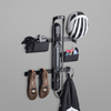 A ProFlex Rack with a black GearMate storage organiser system storing cycling gear, featuring various compartments and hooks.