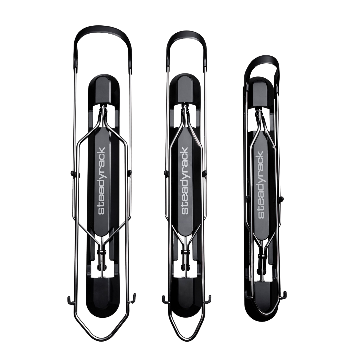 A set of three black ProFlex bike racks in different sizes, designed for wall mounting and space-saving storage.