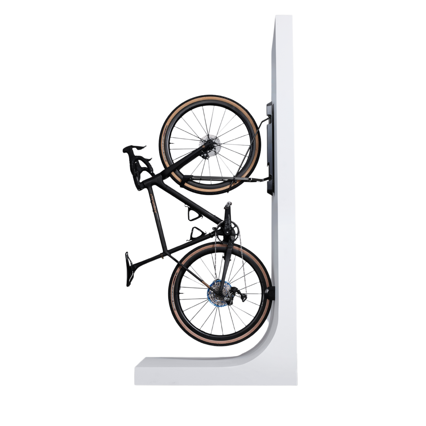 A black bike hanging in a Steadyrack bike rack on a white wall stand.