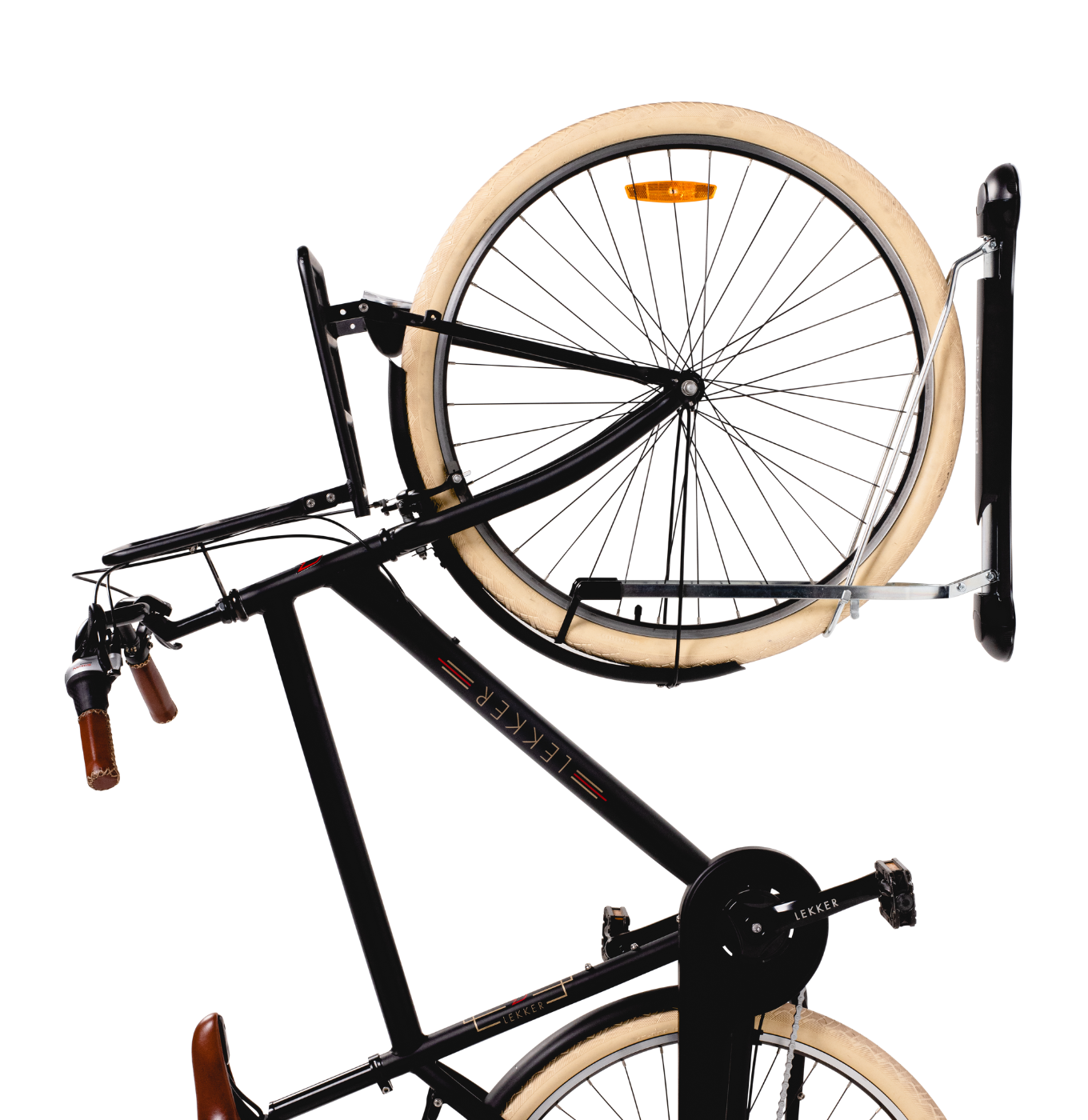 A side shot of a fender bike being stored in a Steadyrack bike rack.