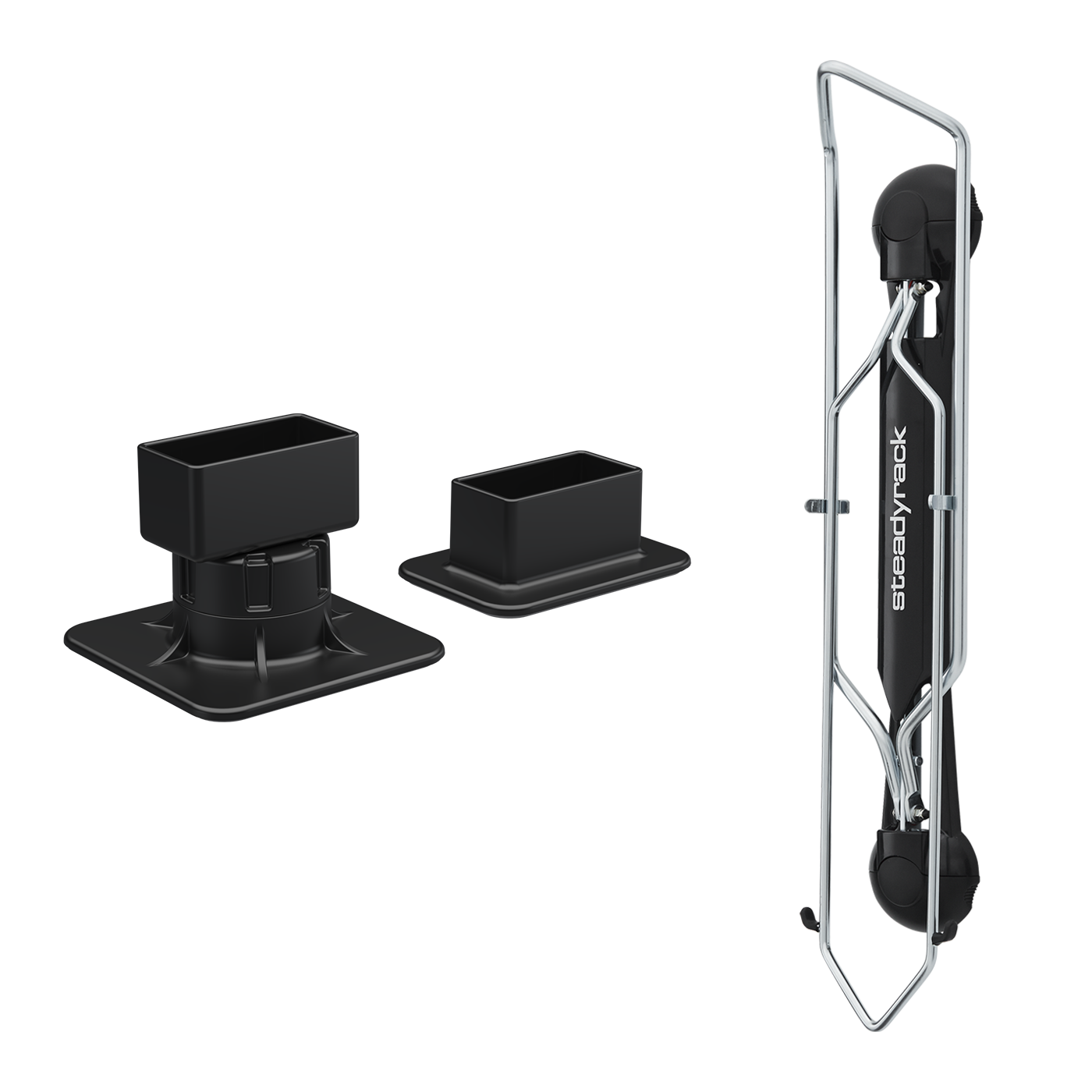 Black bike rack system with mounting brackets on a white background