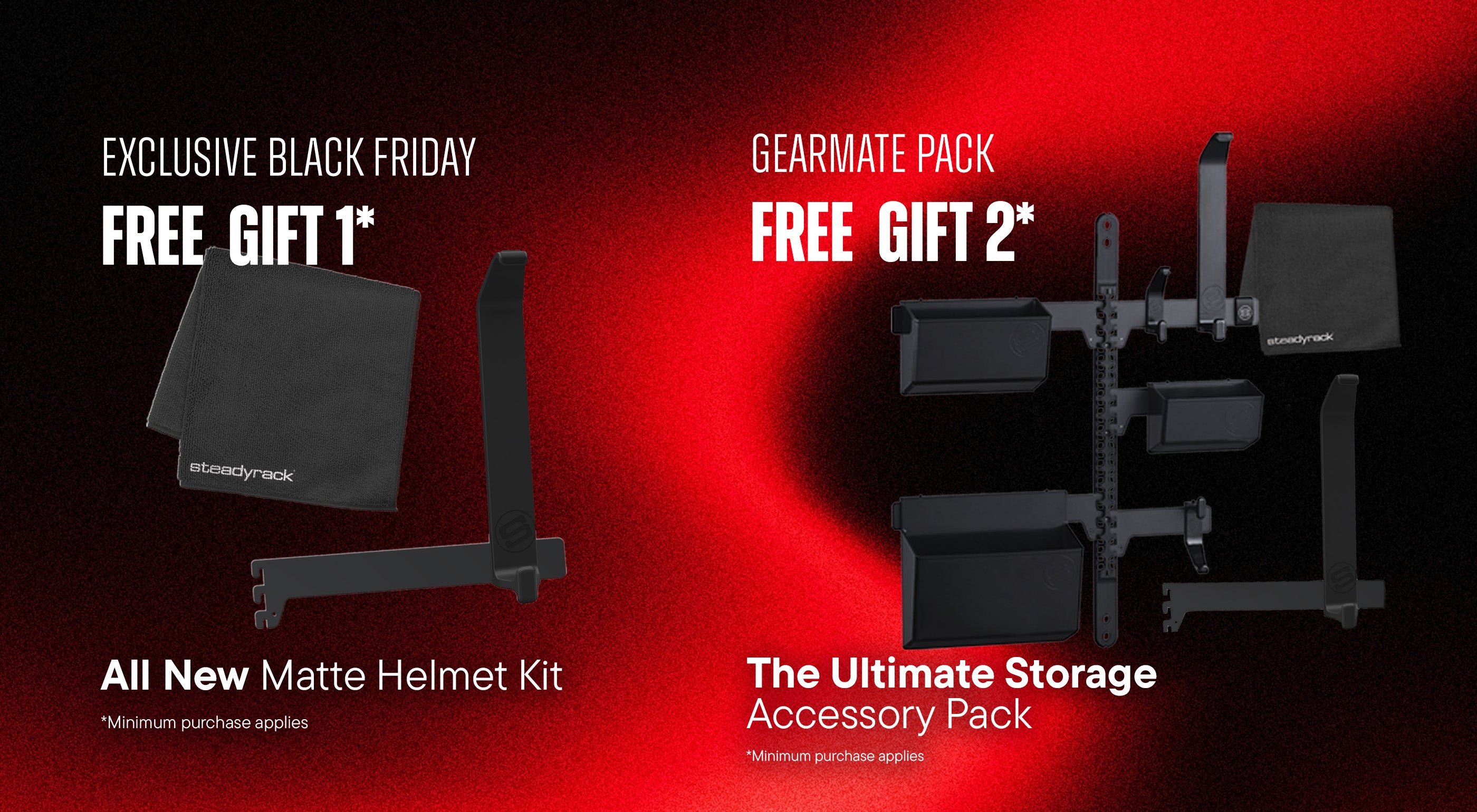 Black and red graphic with black metal components with white text