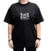 Person wearing a black t-shirt with 'Rack Magic' text on a white background